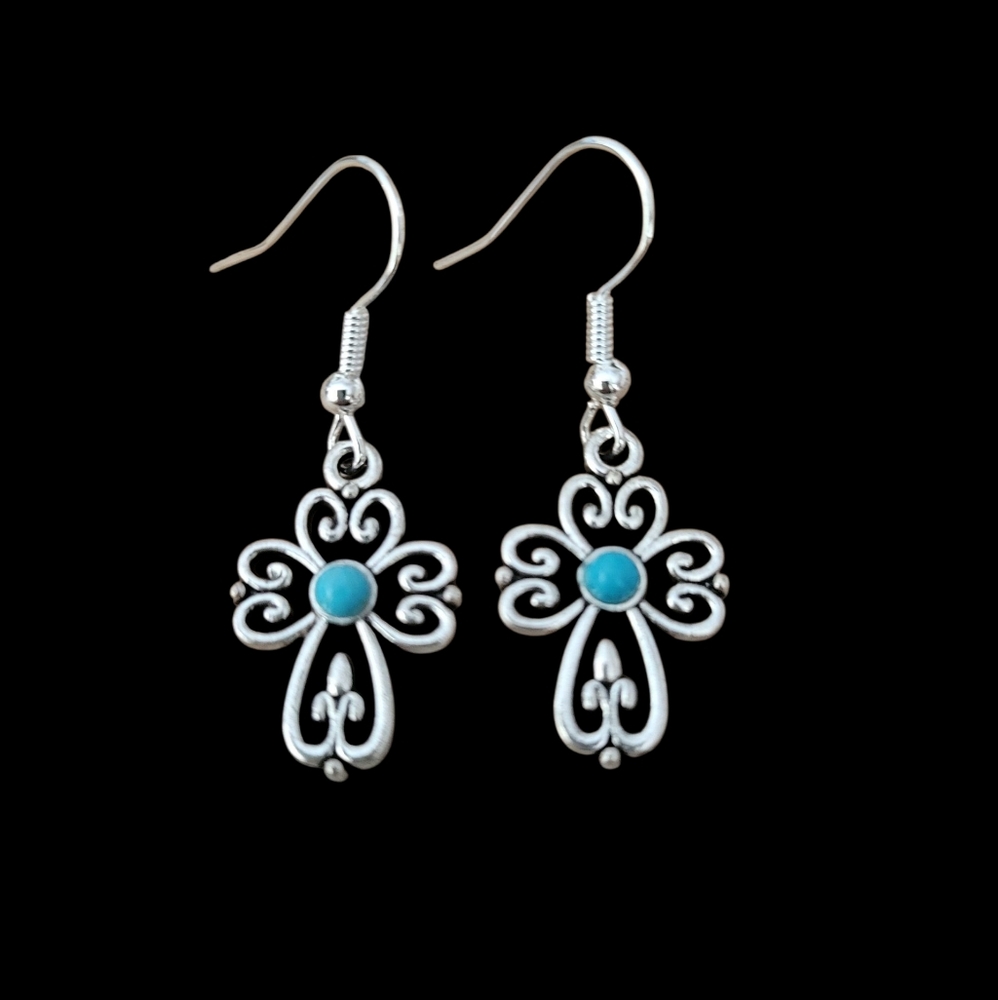 Cross earrings with Blue bead